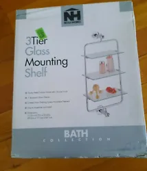 Neu Home 3 Tier Bath Shelf Glass Chrome mounting shelves. Condition is 