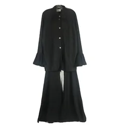Shirt: Oversized point collar, front button closures, long sleeves with ruffled flare cuffs. Pants: Elasticized waist,...
