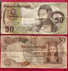 Beau lot de 2 billets du Portugal 50 Escudos 28/02/1964 et 50 Escudos 01/02/1980. Traces de pliures et salissures....
