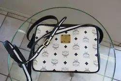 Auth MCM White Navy Visetos top zipper Shoulder Crossbody Bag. in clean and good condition. Interior is clean and good.