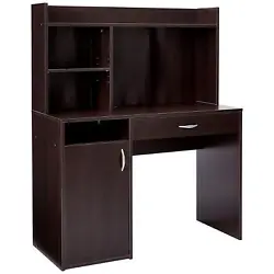 It features a spacious work area along with a hutch that includes a full upper shelf and a small adjustable shelf for...