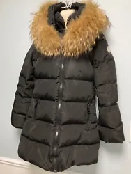 Moncler, black down jacket with faux fur trim. Burn spot on sleeve. Light discoloration around neck area -see close up...