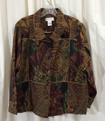 Style: Button front, tapestry style fabric, shorter length. Size: Large Petite. Material: 60% acrylic, 40% polyester....