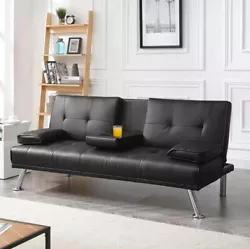 Modern Faux Leather Futon with Cupholders and Pillows, Black.