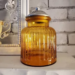 Vintage Amber Glass Apothecary Cookie Jar Aluminum Lid.