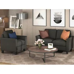 Sofa set includes: 1 x loveseat, 1 x single chair. The cushions and pillows are upholstered in soft fabric and padded...