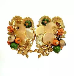 Each one is Made on an Openwork Gold Tone Leaf w/ Layers of Gilt Leaves, Rhinestone Centered Flowers, Mother of Pearl...