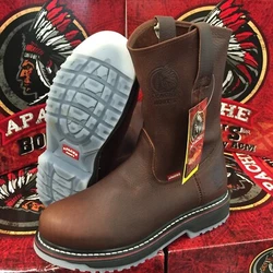 THESE BOOTS ARE VERY TOUGH AND DURABLE. SUPER DURABLE SOLES. SOLES ARE STITCHED. BROWN COLOR LEATHER. PULL ON SIZES...