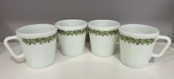 4 Vintage Pyrex Green Crazy Daisy Milk Glass Coffee Mugs/Cups D Handle. All in EUC except on one of the mugs, the...