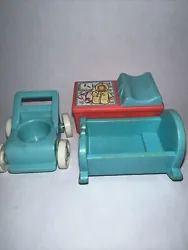 Vintage Fisher Price Little People Nursery: Changing Table, Tricycle & Cradle.
