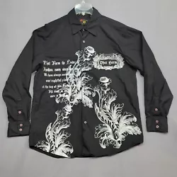 Graphic: Floral Pattern (do not iron print). Sleeve: 25 in. Black Shirt Chambray. Size: Large. Cuff: Fitted.