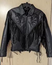 Womans Leather Riding Jacket With Roses And Fringe SZ M Black.