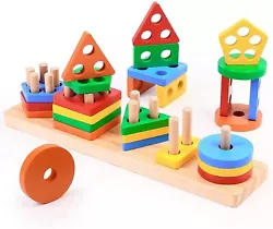 Wooden Sorting and Stacking Toys Package Includes: 1 x Rectangle base (11.8”L x 2.68”W) 5 x Square blocks (2.09”...