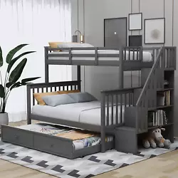 Twin over Full Bunk Bed with Stairs and Trundle Wood Stairway Bunk Beds with Storage Shelf for Kids Boys Girls Teens,...