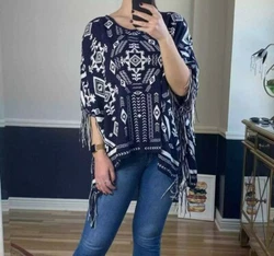 Divided Womens Fringe Poncho Blue White Knit Pullover Size Small Aztec Print.  Excellent Condition  No Tears or Flaws ...