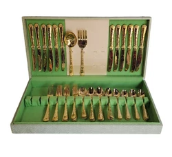 WM ROGERS & SON Gold Plated Silverware Flatware Set In Case 49 Pc 12 Setting. Has a few water marks. Needs polish.