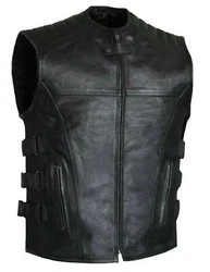 Made of Premium cowhide Leather. Perforated outershell. Concealed carry pockets. Black 4 Button Front Snap Closure....