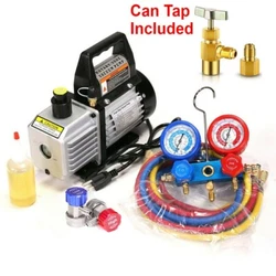 R134a Coupler Low Flow & High Flow 1. Manifold Gauge with 3 colors Hoses 1. 3CFM Vacuum Pump 1. Ultimate Vacuum: 5pa....