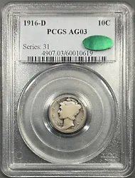 1916-D PCGS AG03 CAC Mercury Dime 10c - Purple/Blue Toned PQ Key Date
