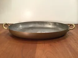VINTAGE LARGE COPPER OVAL AU GRATIN PAN WITH BRASS HANDLESmade in Italy13 1/2” long 16” long overall to handles9”...