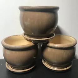 Pots show inconsistent coloring and texture common with glazed ceramics. In general, they are smooth and a creamy brown...