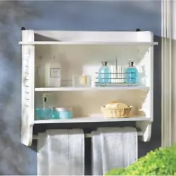 Two roomy shelves hold plenty of collectibles or bath essentials, while a built-in bar holds a towel right at ready...