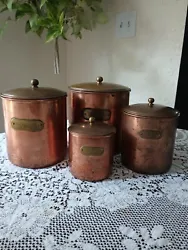 This vintage 4 piece Korean copper nesting kitchen canister set includes four canisters of various heights, perfect for...