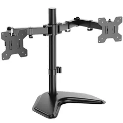 Free-standing dual monitor mount made of high-grade steel and aluminum. per arm, and compatible with 75x75mm and...