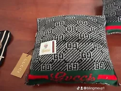 Green Gray and red jacquard accent pillow with Gucci GG logo pattern. Made from an authentic Gucci Scarf. 11