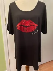 Jet black top with large red lips, and “I Love You”, round neck, short sleeves with ruching, great detail, soft...