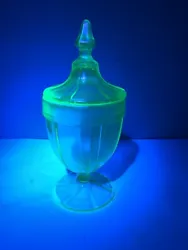 Depression glass lidded candy dish. Banded with 6 raised panels on top and body of glass. Tested with black light :...