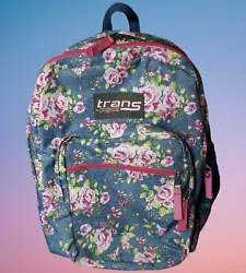 JanSport Trans Backpack Floral Design Pink Roses Blue Denim Flowers.