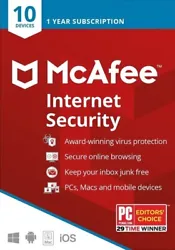 McAfee® Internet Security 2023 - 10 Devices - 1 Year. With a quick install, it blocks threats using antivirus that’s...