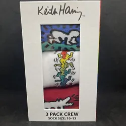 Keith Haring 3 Pack Crew Socks Mens Size 10-13 Multi Color New Sealed Box.