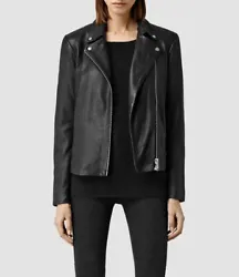 AllSaints All Saints Colwick Black Leather Biker Moto Jacket. Two front pockets. 100% sheep leather exterior, 55%...