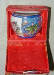 This sale is for an older Chinese fabric presentation box that holds a miniature porcelain fish bowl or possibly a...