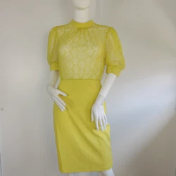 Valentine bodycon dress in yellow with sheer lace top. Sleeve 13