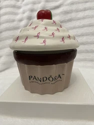 PANDORA Pink Ceramic Cupcake Jewelry Box Breast Cancer Awareness Trinket Holder. New, includes box.