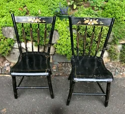 PAIR OF NICE OLD STENCILED ARROW BACK WINDSOR CHAIRS.
