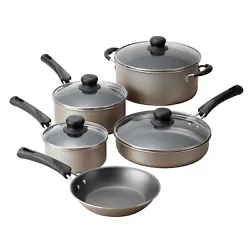 9-Piece Non-stick Cookware Set, Red 1 qt covered sauce pan. 2 qt covered sauce pan. Nine pans with lids per unit. Heat...