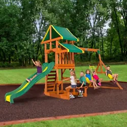 Sandbox area below appeal. This Backyard Discovery Tucson swing set features a covered play deck, an 8 slide, two...