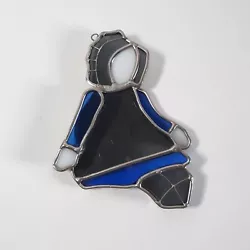 Vintage Stained Glass Suncatcher Amish Girl W/ Bonnet Country Blue Sitting 5