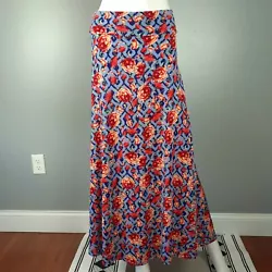 LuLaRoe pull-on maxi skirt in blue with red floral print has foldover (yoga pants style) waist. Length 39