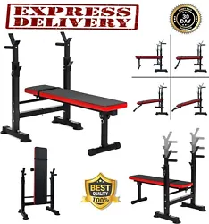 The workout bench is adjustable - The height of the barbell rack can be adjusted in 6 positions, and the position of...