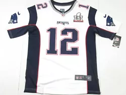 Player: Tom Brady #12. Team: New England Patriots. Super Bowl 51 Patch. Color: White.