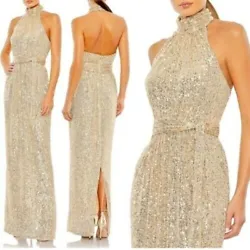 Drenched in effervescent sequins and styled to showcase your shoulders, this gilded gown will get glasses raised....