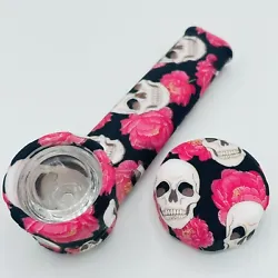 Skulls and Flowers. Our other bowls WILL NOT fit this pipe. Includes glass bowl and silicone lid. (Do not use alcohol...