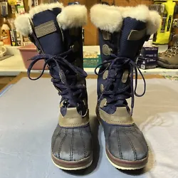 LL Bean Womens Rangeley Insulated Pac Snow Boots, Tall Blue Trim Size 9.