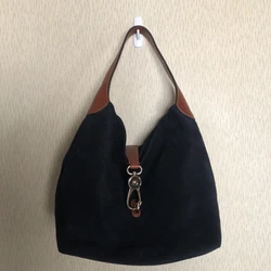 Dooney & Bourke Dark Blue Black Suede Leather Logo Lock Enclosure Hobo Bag Purse.Measures about 12 x 12 x 5 inches in...