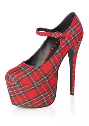 Leg Avenue 5063 Academy Plaid Stiletto Mary Janes with Covered Platform.  6.5